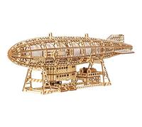 Wood Trick Zeppelin Puzzle 3D lumineux en bois pour adultes - Hélices mobiles et queue - Avec support mural et support - Puzzle mécanique 3D pour projet de bricolage