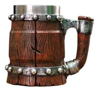 Wooden Barrel Beer Mug,550ml Handmade Medieval Cocktail Mug,Wooden Barrel Stainless Steel Double Wall Coffee Beverage Cup with Handles,Vintage Beer Stein for Bar Home Use,Gift for Men (Brown-C)
