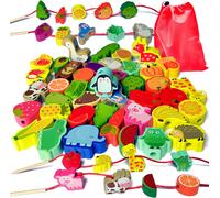 Wooden Beads to Thread Toy,42 Pieces Animals and Fruits Wooden Thread Toys,Montessori Games Educational Child Gift for Boys Girls 2 3 4 Years Old