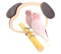 Wooden Bird Perch Stand with Dog-Ear Mirror & Chew Toys | 6x5x6.6 inch Enrichment Activity Station | Small Parrot Cage Accessory for Cockatiels Budgies | Lovebird Interactive Mirror Training Toy
