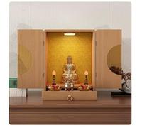 Wooden Buddhist Altar Cabinet with LED Light & Drawer Tabletop Shrine(Walnut color,S)