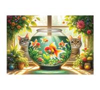 WOODEN.CITY Puzzle 500 pièces en bois - Chats et poissons avec 50 pièces en forme d'animaux - 39,4 x 26,7 cm - Conçu et fabriqué dans l'UE