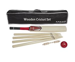 Wooden Cricket Set - A fantastic entry level cricket set that includes a size 5 wooden cricket bat, a full size rubber cricket ball, 4 wooden stumps and a wooden bail. All in a nylon storage bag.