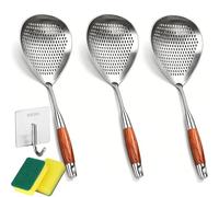 Wooden Handle Stainless Steel Skimmer With Oval Drainage Matrix, 14.76 In Lengthened Rapid Oil Draining Slotted Spoon, Heavy Duty Spider Strainer, For Non-Greasy Crispy Frying (3PCS-14.76 In)