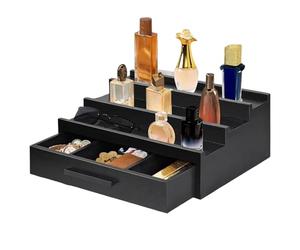 Wooden Perfume Rack, Three Layer Fragrance Organizer, 12 inches Perfume Holder with Drawers, Black Stand Sturdy, Vanity Organizer with Easy Access, Room Accessories for Watches and Bottles