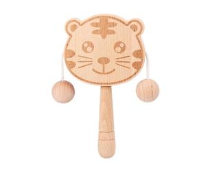 Wooden Rattles, Tiger Shape Wood Rattle, Interactive Double-Sided Shaking Drum for Motor Skill, Visual Tracking, Toddler Shower, Crib, Stroller, Sensory Play 5.91x3.74x0.59 Inch