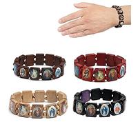 Wooden Rosary Jesus Bracelet Elastic Stretch Bangle with Pictures of Religious Saints Catholic Holy Gods Goddess Prayer Manifestation Bracelet 4 Pcs