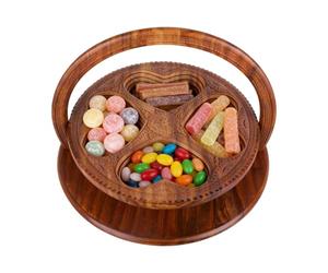 Wooden Snack Basket - Hand-Carved Foldable Organizer | Four-Compartment Fruit Bowl, Rustic Storage Container for Candy, Bread, Picnics, Living Room, Kitchen, and Office Use