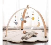 WOODEN TEETHER Arche de jeux pour bébé, en bois, avec 5 jouets sensoriels amovibles, Arche de jeu Montessori pliable en bois, décoration pour chambre de bébé, chambre d'enfant (Triangle Log Couleur)