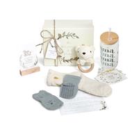 WOODEN TEETHER Coffret cadeau 7 pièces pour maman et bébé, cadeau pour bébé fille garçon avec carte maman, hochet bébé, gobelet à paille, chaussettes, carte de vœux, cadeau de nouveau-né pour fête