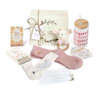 WOODEN TEETHER Coffret cadeau 7 pièces pour maman et bébé, cadeau pour bébé fille garçon avec carte maman, hochet, gobelet à paille, chaussettes, carte de vœux, ensemble pour fête prénatale (lapin