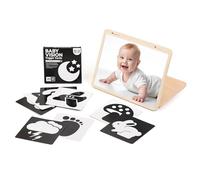 WOODEN TEETHER Jouet Montessori pour nouveau-né - Miroir pour bébé avec cartes visuelles noires et blanches - 0 à 12 mois - Cadeau de nouveau-né