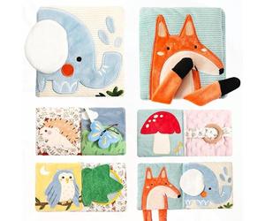 WOODEN TEETHER Livre de bébé en tissu avec miroir, jouet pour bébé de 0 à 6 mois - Livre sensoriel interactif - Livre d'or crépitant pour bébé - Cadeaux pour nouveau-né - Éléphants