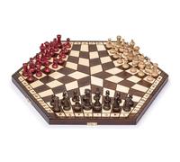 Wooden Three Player Chess - 18.5 | Jeu d'échecs hexagonal pour 3 joueurs avec charmes et pièces en hêtre, planche de pyrogravure, 54 x 2,5 x 46,6 cm, 1,3 kg.