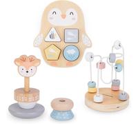Wooden Toys for 1 Year Old Baby-Montessori Set with Deer Pyramid (15 cm),Penguin Sorter,Motor Skills Loop,Sorting Board-Educational Games (4 Items)