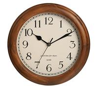 Wooden Wall Clock with Retro Design, 11 inches Round Wall Clock Battery Operated Silent Non-Ticking, Big Arabic Numerals, for Kitchen Living Room Classroom Gym and Pool, Brown