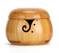 Wooden Yarn Storage Bowl Handcrafted Natural Circular Weaving Accessories with Lid for Knitting Crochet Crafters Home Decor 10 x 15cm