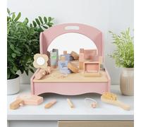 WOODENFUN Coiffeuse de bureau en bois rose pour filles, coiffeuse pliable, équipée de 14 accessoires de maquillage