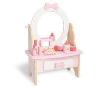 WOODENFUN Coiffeuse en bois pour fille rose, miroir en forme d'arc circulaire rotatif à 360°, tiroir, équipée de 7 accessoires de maquillage, table de maquillage de bureau