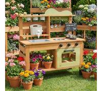 WoodenFun Cuisine de jeu d'extérieur pour enfants avec tableau, bouilloire, évier, récipient pour plantes en bois, cuisine pour enfants (vert)