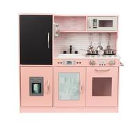 WOODENFUN Cuisine de jeu en bois pour enfants à partir de 3 ans, avec tableau noir, téléphone, casserole, pelle à casserole, cadeau pour enfants à partir de 3 ans, rose clair