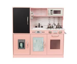 WOODENFUN Cuisine de jeu en bois pour enfants à partir de 3 ans, avec tableau noir, téléphone, casserole, pelle à casserole, cadeau pour enfants à partir de 3 ans, rose clair