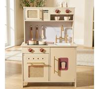 WoodenFun Cuisine de jeu rétro pour enfants en bois crème-beige avec micro-ondes, four, évier et accessoires, jouet de rôle - Cuisine en bois moderne pour enfants à partir de 3 ans (Jaune)