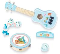 WOODENFUN Guitare pour enfant fille - Instrument de musique en bois - Jouet avec ukulélé, tambourin, maracas, harmonica, mini ruban - Pour les tout-petits de 2 à 3 ans - Cadeau d'anniversaire (bleu)