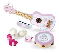 WOODENFUN Guitare pour enfant fille - Instrument de musique en bois - Jouet avec ukulélé, tambourin, maracas, harmonica, mini ruban - Pour les tout-petits de 2 à 3 ans - Cadeau d'anniversaire (rose)