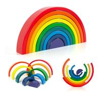 WOODENFUN Lot de 9 grands empilables arc-en-ciel en bois pour tout-petits - Couleurs claires - Jouet pour bébé - Empilage des blocs de construction pour enfants (arc-en-ciel 9 pièces)