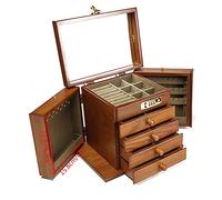 WooDerson Coffret Boîte à bijoux en bois marron à 5 étages - Serrure à mot de passe - Design sculpture - Avec miroir - Avec 4 tiroirs - Pour boucles d'oreilles, colliers, bagues