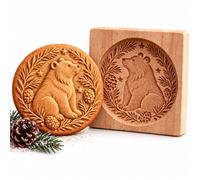 Woodland Animal Cookie Mold, Wooden Stamp with 3D Embossed Design (Bear) | Carved Biscuit Press • Botanical Details • Christmas Baking Tool • Gift for Home Bakers
