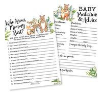 Woodland Baby Shower Games Genre Neutre - 2 jeux double face, 25 Who Knows Mommy Best Baby Shower Game to Play, 25 cartes de prédiction et de conseils pour bébé, jeux de révélation du sexe pour les