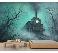 Woodland Train Papier peint rétro Train à vapeur Papier peint mural pour murs Forêt Arbre Paysage Papier peint mural pour chambre d'enfant Salon 232 x 158 cm