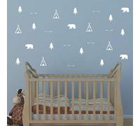 Woodland Y05 Sticker mural en vinyle mat pour chambre de bébé, chambre d'enfant Motif ours flèche, tipi et montagne blanc