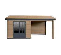 Woodlife Garden Abri Jardin Composite Bois Vieilli 9m² + Terrasse | Double vitrage, Parois 28mm, Toit double pente, Garantie 20 ans, Porte alu à serrure