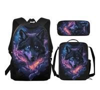 woodlogic Sac à dos Galaxy Wolf pour garçon, avec boîte lunch isotherme et trousse, idéal l'école maternelle, primaire