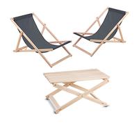 WOODOK Ensemble de jardin avec table basse + 2 chaises longues en bois de hêtre - Chaise longue pliable pour plage, jardin, balcon et terrasse - Gris