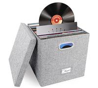 Woodoulogy Boîte de rangement pour disques vinyles pour plus de 50 disques vinyles simples, caisse empilable en lin avec couvercle, support pliable pour collection de musique, classeur de documents