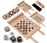 Woodronic Jeu d'échecs 3 en 1 - Jeu de jeu d'échecs de voyage enroulable - Jeu de dames en cuir microfibre pour adultes - Jeu de backgammon de voyage portable avec 32 pièces en bois et 5 dés