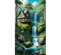 Woods Lodge Waterfall Diamond Art Kits,5D Diamond Painting Kits for Adults,DIY Full Square Drill diamond painting kits for Beginners Rhinestone Embroidery Picture Art For Home Decor 80x170 cm