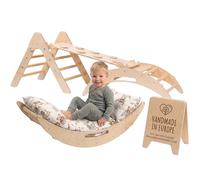 WoodsCraft Set d'escalade Montessori 5-en-1: Triangle, Arche d'Éveil avec Coussin & Rampe 2-en-1 (Toboggan et Mur de Grimpe) | Aire de Jeux Intérieure en Bois de Bouleau Fait Main pour Bébé
