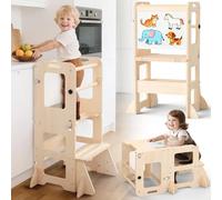 Woodure 4 en 1 Tour d'Observation Enfant Pliable, Tour d'Observation Montessori, Tour d'apprentissage Montessori pour Enfants avec Tableau Blanc, Cadeaux pour garçons et Filles de 1 à 3 Ans