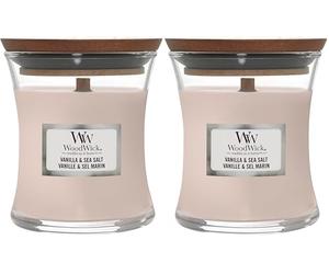 WoodWick Bougie parfumée avec mèche crépitante | Bougie Mini sablier à la Vanille & Sel Marin | Jusqu'à 20 Heures d'autonomie | Cadeaux Parfaits pour Les Femmes (Lot de 2)