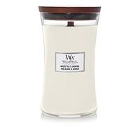 WoodWick Bougie parfumée grand format sablier | Thé blanc & jasmin | avec mèche crépitante | Durée de combustion : jusqu’à 130 heures