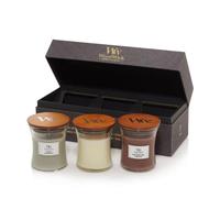 WoodWick coffret cadeau de bougies parfumées | « Senteur boisée » en mini-jarres avec mèches qui crépitent | Lot de 3