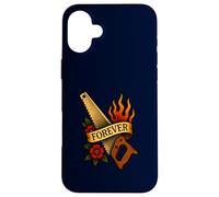 Woodworking Forever Vintage Saw Flame Tattoo, Art de la Vieille école Coque pour iPhone 16 Plus