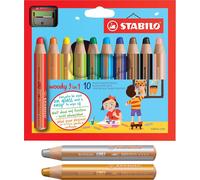 Woody Lot De 10 Crayons De Couleur, Aquarelle Et Craie De Cire, 3 En 1, Avec Taille-Crayon Et Argent, Doré