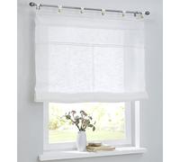 Woody Store romain blanc avec passants et boules en bois, pur coton, rideau de maison de campagne, aspect lin, largeur 120 cm x hauteur 140 cm