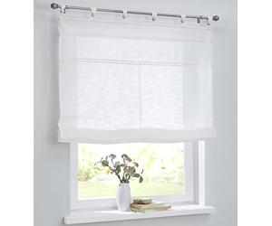 Woody Store romain blanc avec passants et boules en bois, pur coton, rideau de maison de campagne, aspect lin, largeur 120 cm x hauteur 140 cm